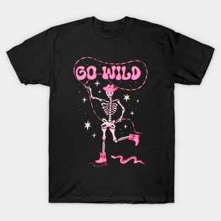 Go Wild! Cute dancing skeleton in cowboy boots and western hat with pink snake T-Shirt